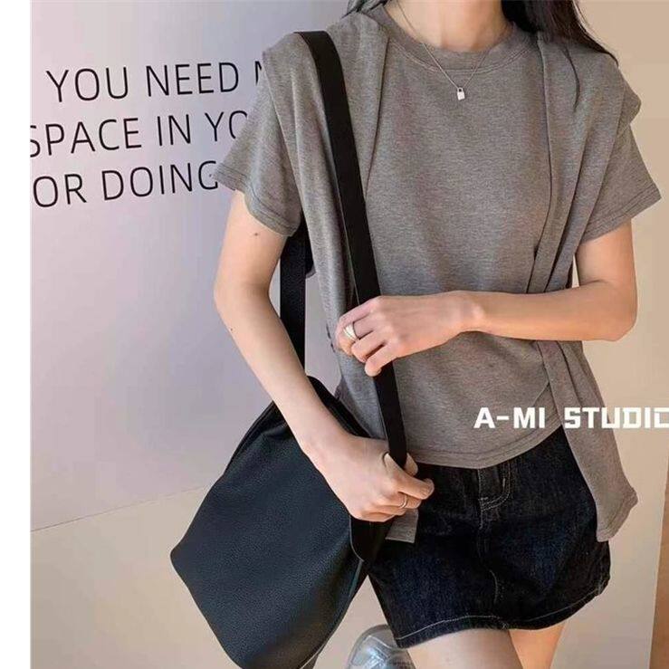 超手感莫代尔棉韩系圆领短袖t恤女夏新款显瘦设计感纯色披肩上衣