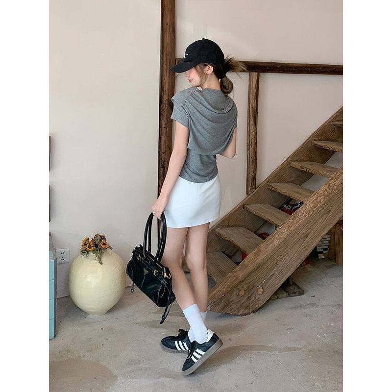 超手感莫代尔棉设计感小众披肩假两件T恤女短袖上衣纯色短款上衣